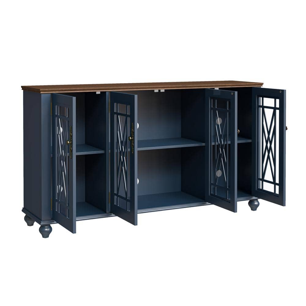 63" Navy Vintage Wood Buffet Sideboard with Glass Doors