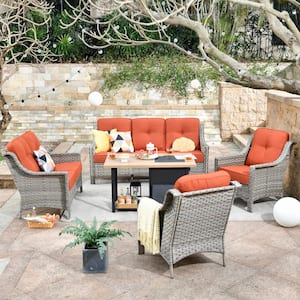 Verona Grey 5-Piece Wicker Outdoor Patio Conversation Sofa Loveseat Set with a Storage Fire Pit and Orange Red Cushions