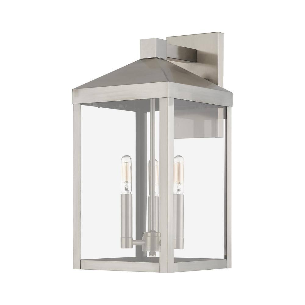 Brushed Nickel 3-Light Outdoor Wall Lantern with Clear Glass