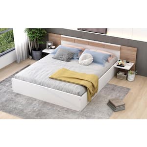 White Wood Frame Queen Size Platform Bed with Headboard, Shelves, USB Ports and Sockets