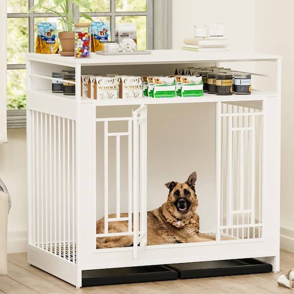 Tunearary 43. 3in. White Wooden Large Dog Crate with Lockable Door