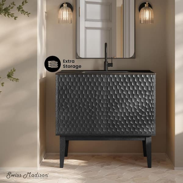 Bosse 36 in. Freestanding Bathroom Vanity in Black Oak with Black Sink Top