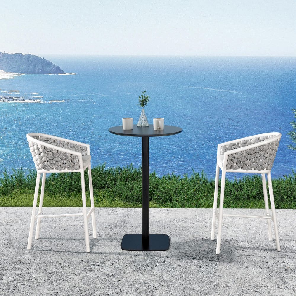27.5 in. Aluminum Frame Outdoor Bar Stools with White Cushions, Rope Barrel Low Back & All-Weather Acrylic, (Set of 2)