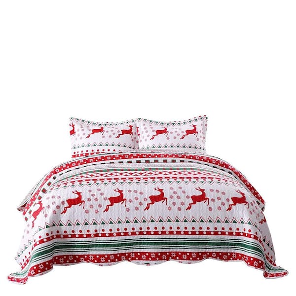 MarCielo B40 Christmas Red Reindeer and Snowflakes Queen Size Polyester Quilt Bedspread Set