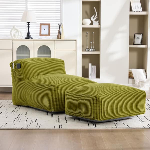 Chloe Olive Green Corduroy Bean Bag Chair with Ottoman and Storage Pocket Memory Foam