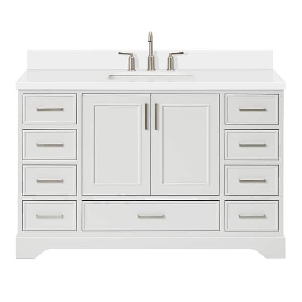 Stafford 54 in. W x 22 in. D x 36 in. H Single Sink Freestanding Bath Vanity in White with Pure White Quartz Top
