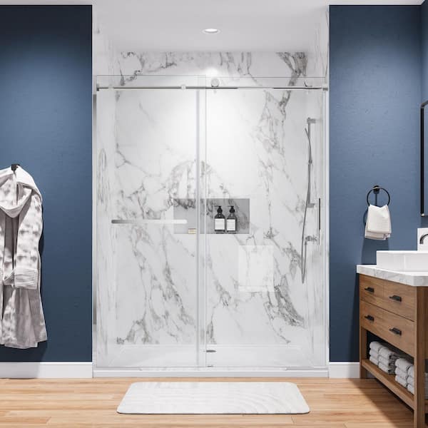 WYonder 60 in. W x 75 in. H Sliding Semi Frameless Shower Door in Chrome with 5/16 in. (8 mm) Clear Glass