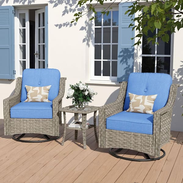 XIZZI Natura Nest 3 Pieces Wicker Outdoor Rocking Chair Set with Diamond Blue Cushions