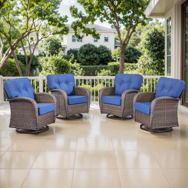 TWrap Brown Wicker Outdoor Rocking Chair Patio Swivel Glider with 5 in. Thick Navy Blue Box-Edge Cushions (4-Pack)