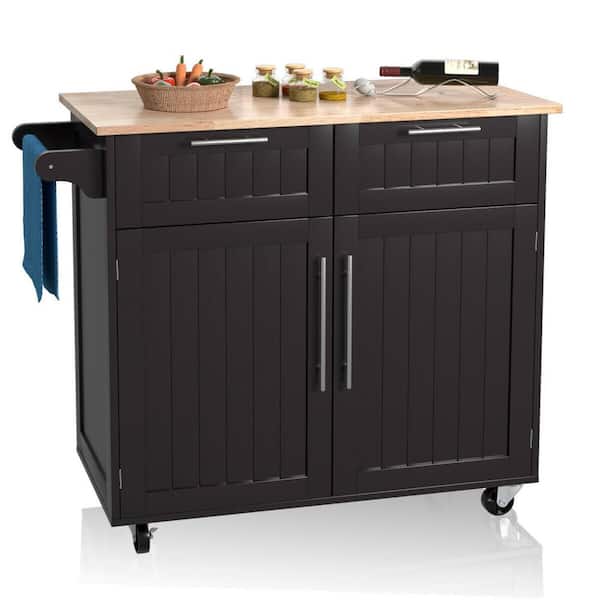 Costway 37 in. Espresso Rolling Kitchen Island Cart with Natural Wood Top and Towel Rack