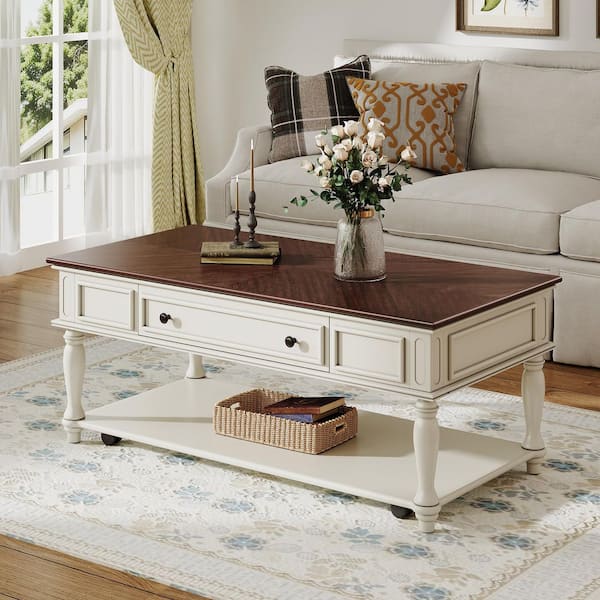 Farmhouse 47.2 in. Walnut and White Rectangle Wood Coffee Table, Cocktail Table with Lockable Wheels, 1-Drawer