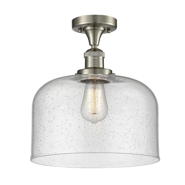 Bell 12 in. 1-Light Satin Nickel Industrial Semi-Flush Mount with Seeded Glass Shade