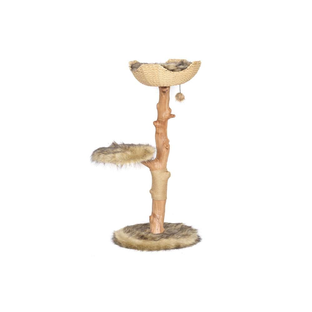 Modern Brown Faux Fur and Wicker Cat Tree Tower