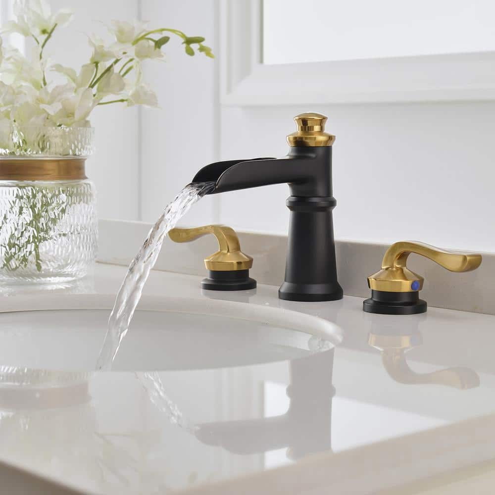 8-Inch Black and Gold Waterfall Widespread Bathroom Faucet