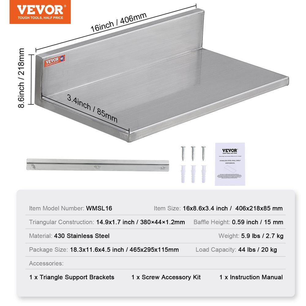Stainless Steel Wall Mounted Kitchen Floating Shelves Set