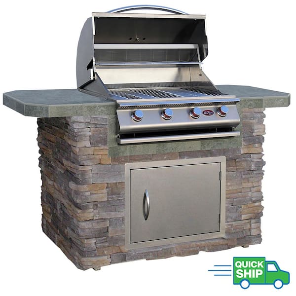 Cal Flame 4-Burner, 6 ft. Stone Veneer and Tile Propane Gas Grill Island in Stainless Steel