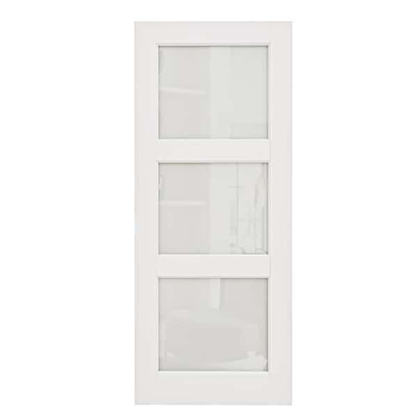 36 in. x 80 in. Solid Core 3-Lite Tempered Frosted Glass White Primed Interior Door Slab and Manufacture Wood