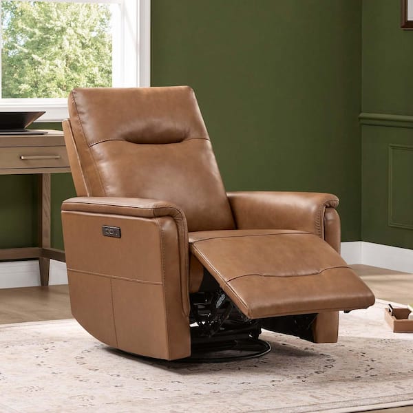 Indie Saddle Dual-Motor Modern Genuine Leather Swivel Glider Recliner Chair with Power Headrest, USB and Type-C Charge