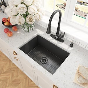 Matte Black Fireclay 27 in. Single Bowl Undermount Kitchen Sink with Bottom Grid and Drainer