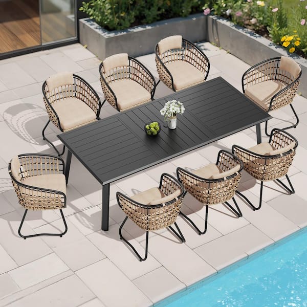 Crestlive Products 9-Piece Metal 93.9 in. Outdoor Dining Set with Rattan Chairs and Beige Cushions