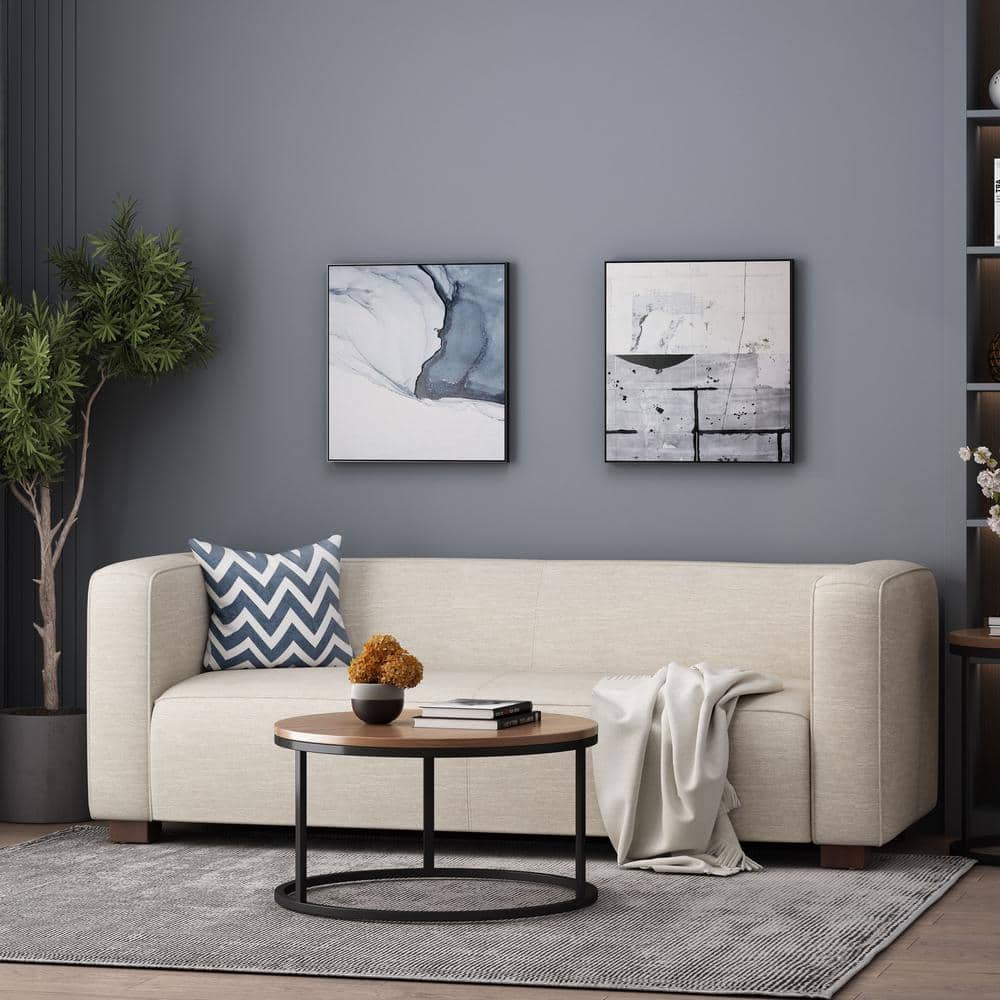 Beige and Dark Walnut Fabric Loveseat with Square Arms