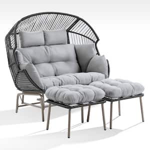 Dark Gray Wicker Outdoor Egg Chair Large Lounge Chair with Stand and Gray Cushions( 2-Pack)