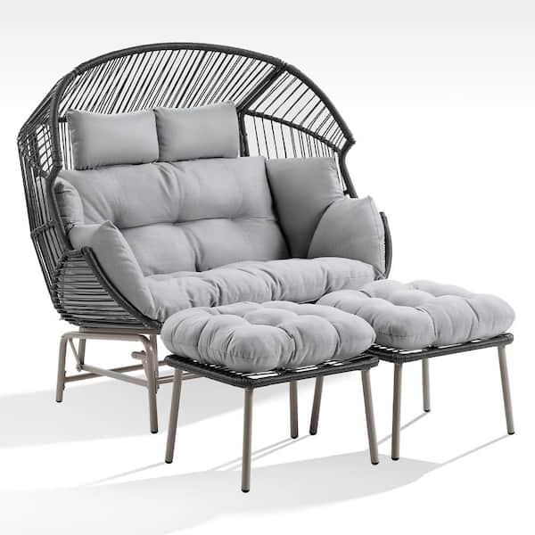 Gymojoy Corina ourdoor/indoor  2-Person Dark Gray Wicker Patio Egg Chair Large Lounge Chair with Gray Cushions with Ottomans