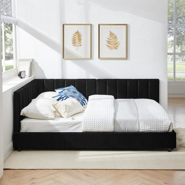 Velvet Upholstered Black Wood Frame Full Size Platform Bed with Backrest and Armrest