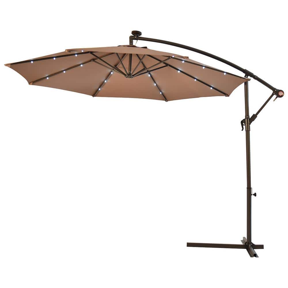 10 ft. Cantilever Hanging Solar LED Sun Shade Patio Umbrella in Tan with Cr