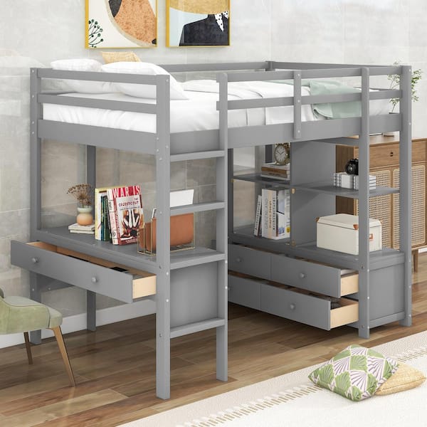 Harper & Bright Designs Gray Twin Size Loft Bed with Storage Shelves, Built-in Desk and 6 Drawers