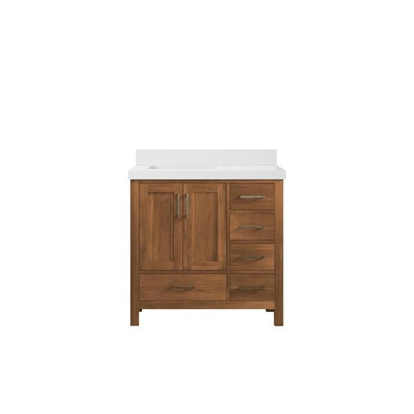 Willow Collections Malibu Teak 36 in. W x 22 in. D x 36 in. H Left Offset Sink Bath Vanity in Gold Teak with 2" White Quartz Top