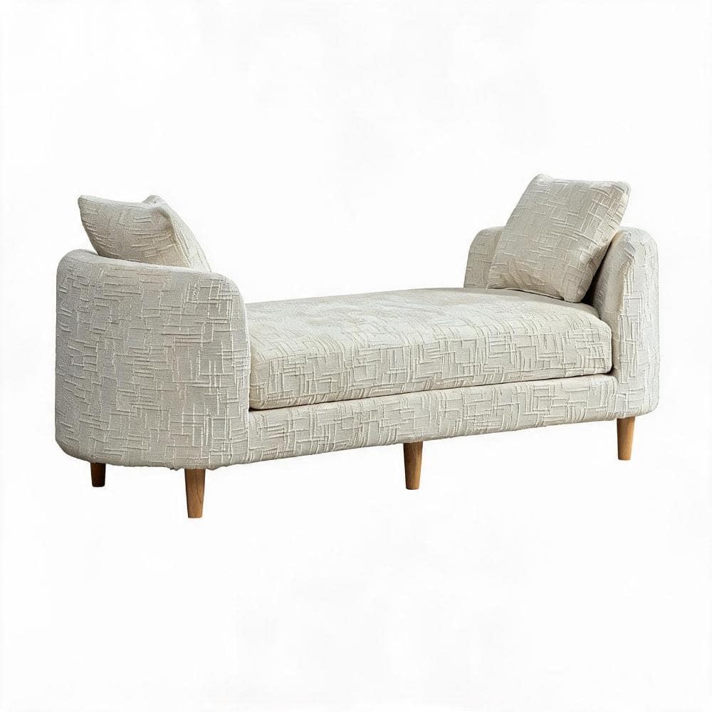 77 in. Beige Chenille Upholstered Entryway Bedroom Bench with Armrests and Bolster Pillows