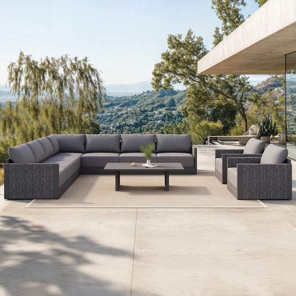 10 Pieces Patio Conversation Sets with Coffee Table All Weather Outdoor Couch Sectional Set with Cushion Gray