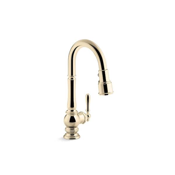 Artifacts 1 Handle Pull Down Sprayer Kitchen Faucet with Secure Docking in Vibrant French Gold