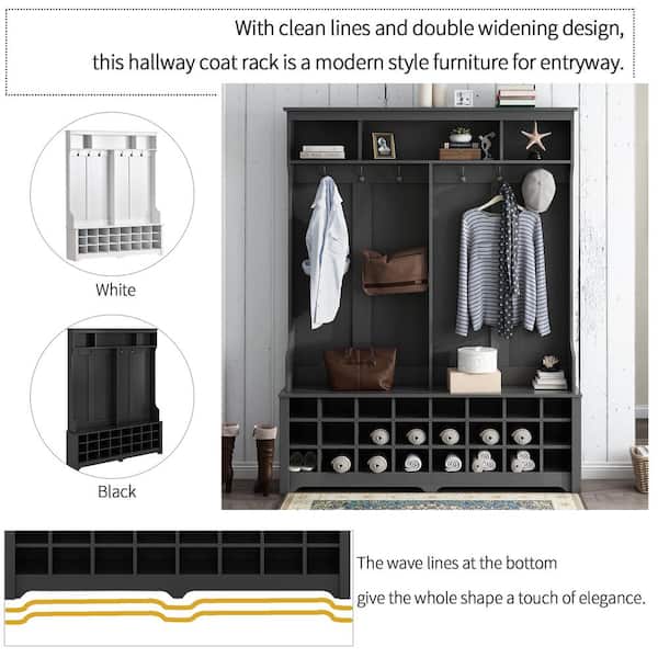 URTR White Entryway Hall Tree with 4 Hooks Storage Cabinet for Clothes and Shoes