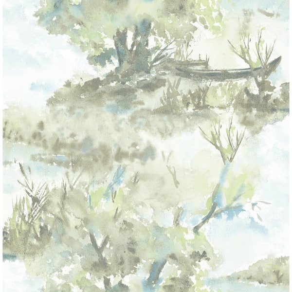 Seabrook Designs Attersee Trees Powder Blue, Greige, and Green Scenic Paper Strippable Roll (Covers 56.05 sq. ft.)