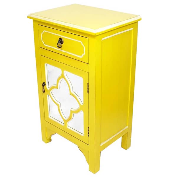 HomeRoots Shelly Assembled 18 in. x 13 in. x 30 in. Yellow Wood Glass Accent Storage Cabinet with a Drawer and a Door