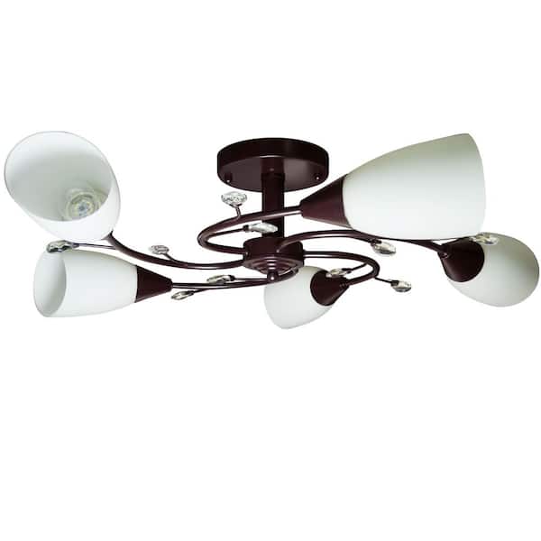 FINXIN Modern Brown 5-Light 30 in. Semi-Flush Mount Ceiling Light with White Glass Shade for Bedroom, Kitchen and Dining Room