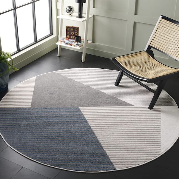 Pyramid 7 ft. x 7 ft. Ivory/Gray Navy Geometric Striped Abstract Round Area Rug