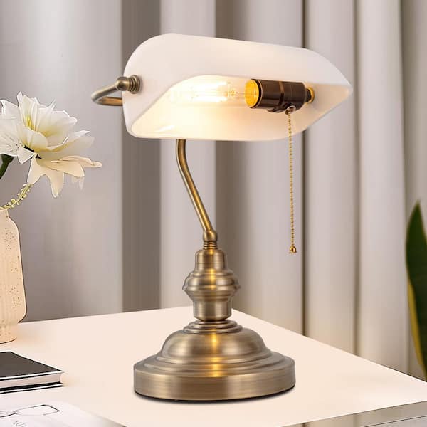 YANSUN 14 in. Banker Task and Reading Retro Gold Bedside Lamp with White Glass Shade, Desk Light with Pull Chain for Bedroom