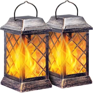 Outdoor Flickering Flame Metal Solar Lantern Outdoor Hanging Decorative Lanterns, 2 Pack (Bronze)