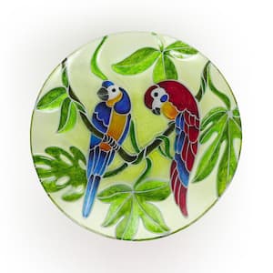 18 in. Round Outdoor Birdbath Bowl Topper with Colorful Painted Parrot Design