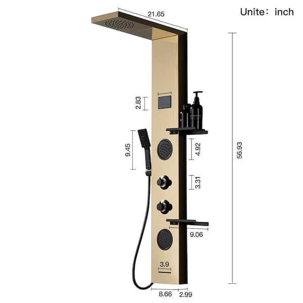 2-Jet Shower Tower with Rainfall Shower Head, Shelves, Tub Spout and LED Light in Black Gold