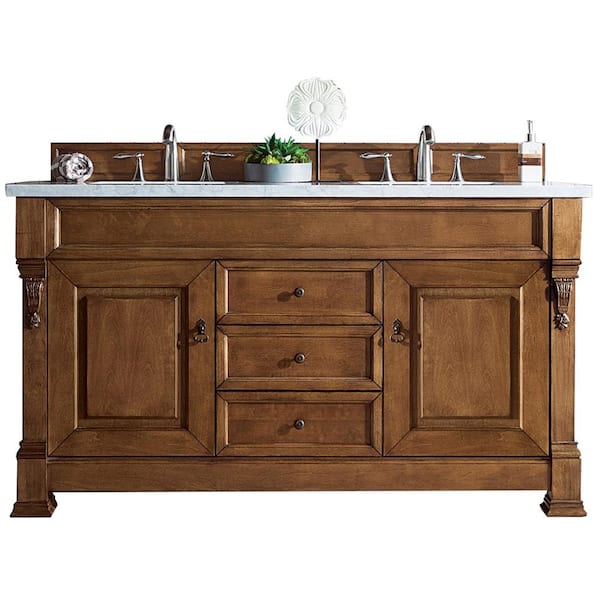 James Martin Vanities Brookfield 60 in. W x 23.5 in. D x 34.3 in. H Bath Double Vanity in Country Oak with Marble Top in Carrara White