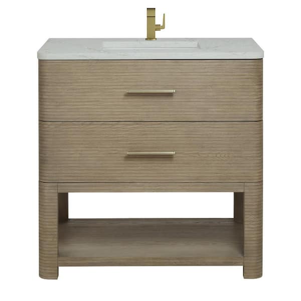 James Martin Vanities Lucian 36.0 in. W x 21.5 in. D x 36 in. H Single Bath Vanity in Pebble Oak with Victorian Silver Silestone Quartz Top