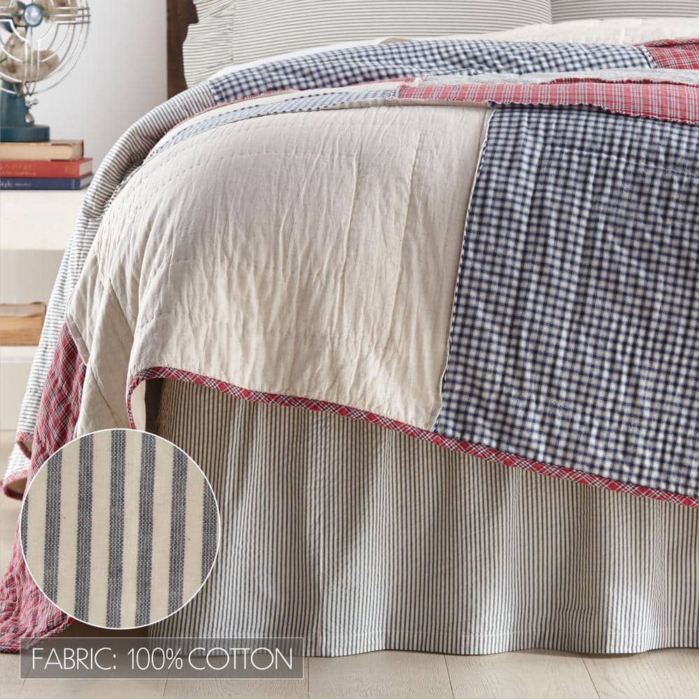 Denim Blue and White Cotton Queen Bed Skirt with Split Corners
