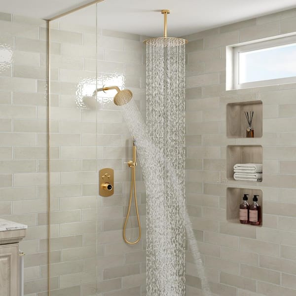 Pressure Balanced 3-Spray 12 in. Dual Shower Head Ceiling Mount Fixed and Handheld Shower Head 2.5 GPM in Brushed Gold