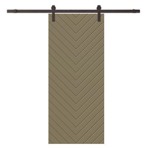 Herringbone 24 in. x 84 in. Fully Assembled Olive Green Stained MDF Modern Sliding Barn Door with Hardware Kit