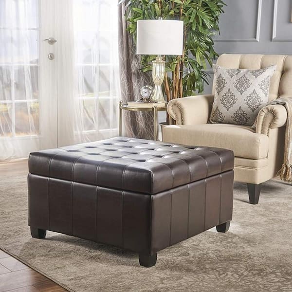 Brown Faux Leather Square Tufted Accent Medium Ottoman with Storage