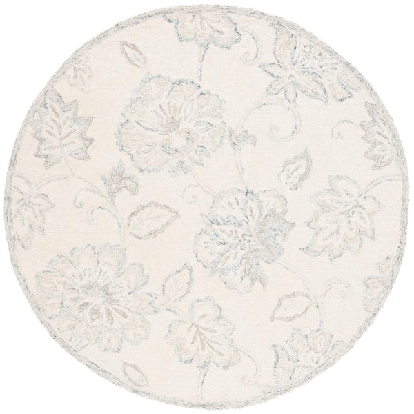 SAFAVIEH Micro-Loop Ivory/Blue 6 ft. x 6 ft. Abstract Floral Round Area Rug